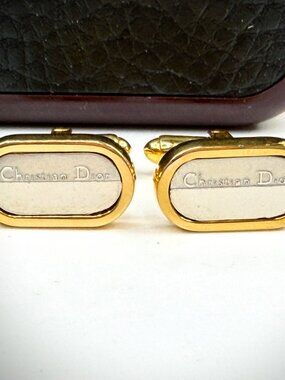 Vintage Christian Dior Gold Tone Cufflinks Signed Oval in faux leather box SS313